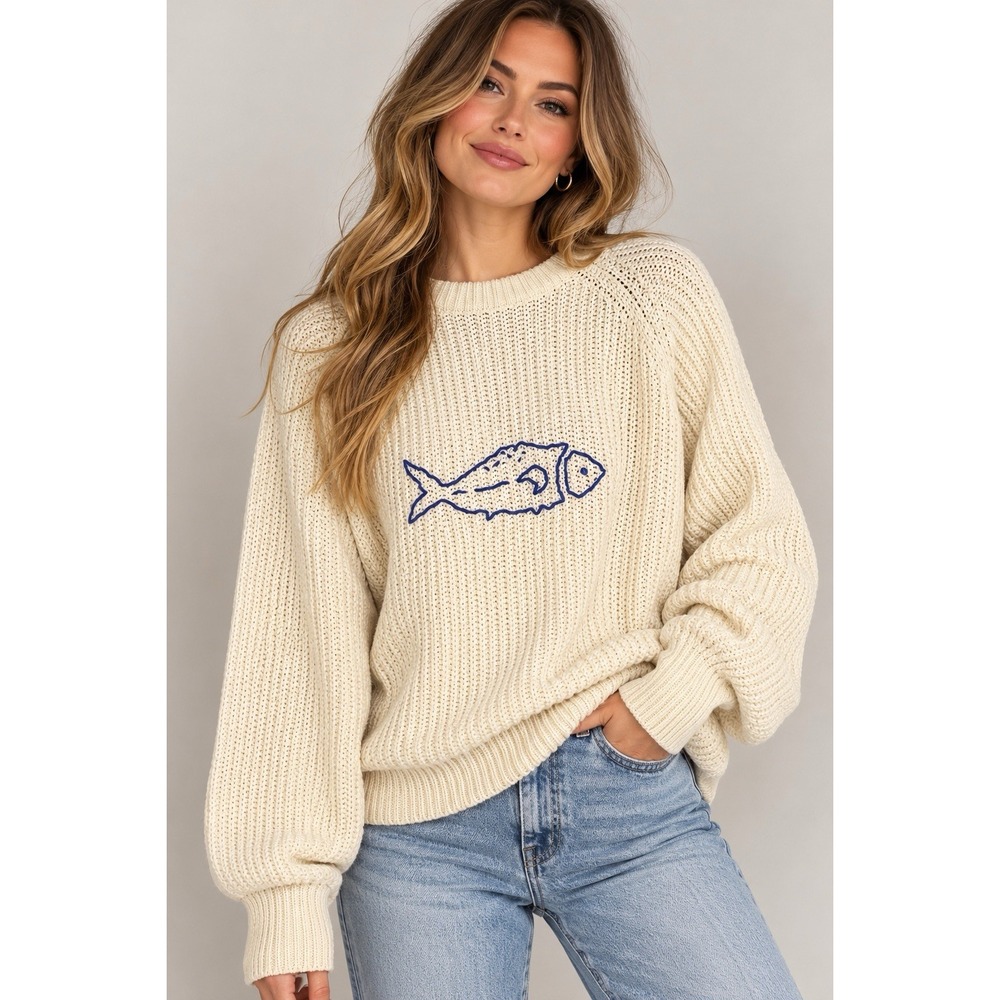 Vintage Huntington Ridge Women's M Fish Sweater Cream Coastal Fisherman Knit